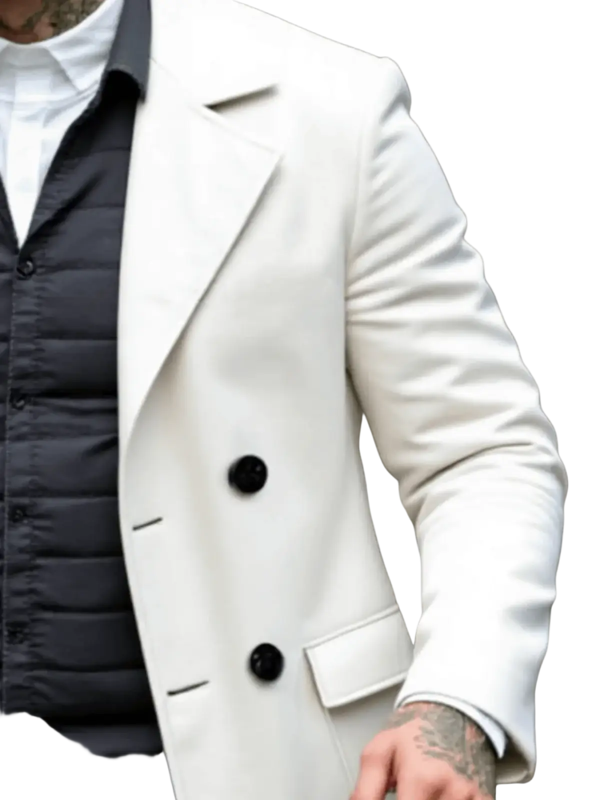 White wool men trench coat with black buttons and double breasted tailored design for warm winter wear