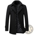 Men wool winter overcoat in black with quilted inner lining and silver toned buttons for cold weather use