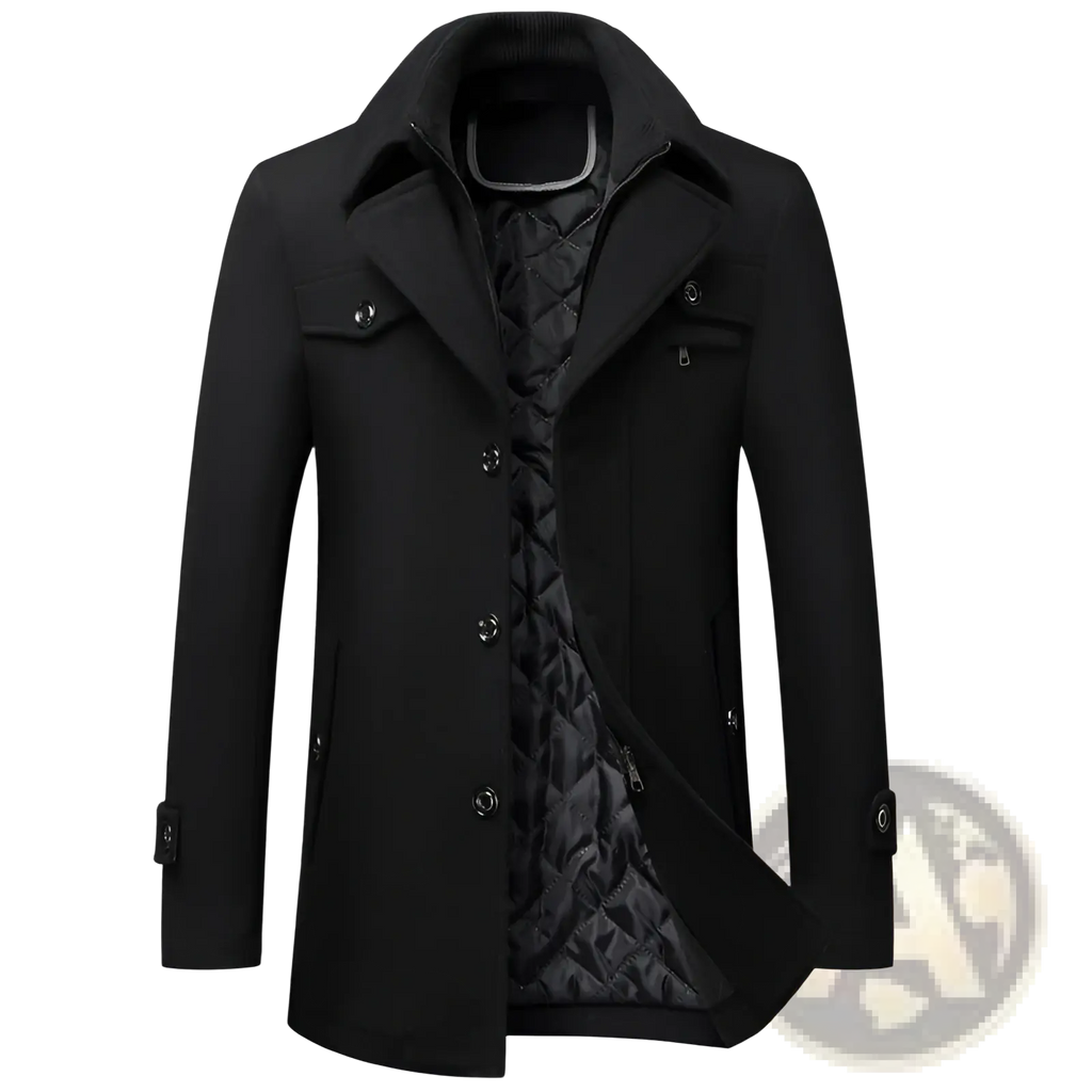 Men wool winter overcoat in black with quilted inner lining and silver toned buttons for cold weather use