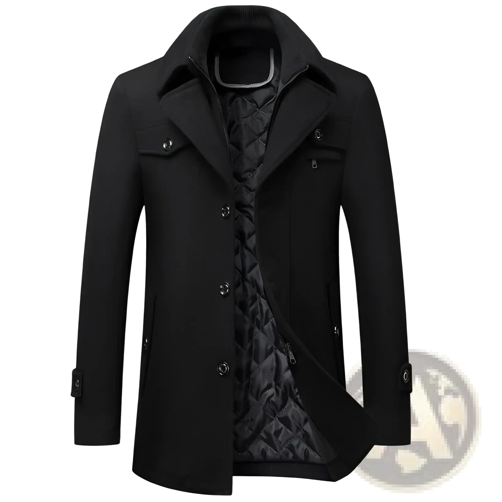 Men wool winter overcoat in black with quilted inner lining and silver toned buttons for cold weather use