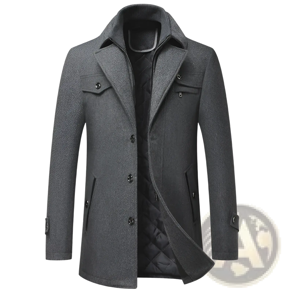 A dark gray wool men winter overcoat with a notched collar, front buttons, and two chest pockets quilted jacket