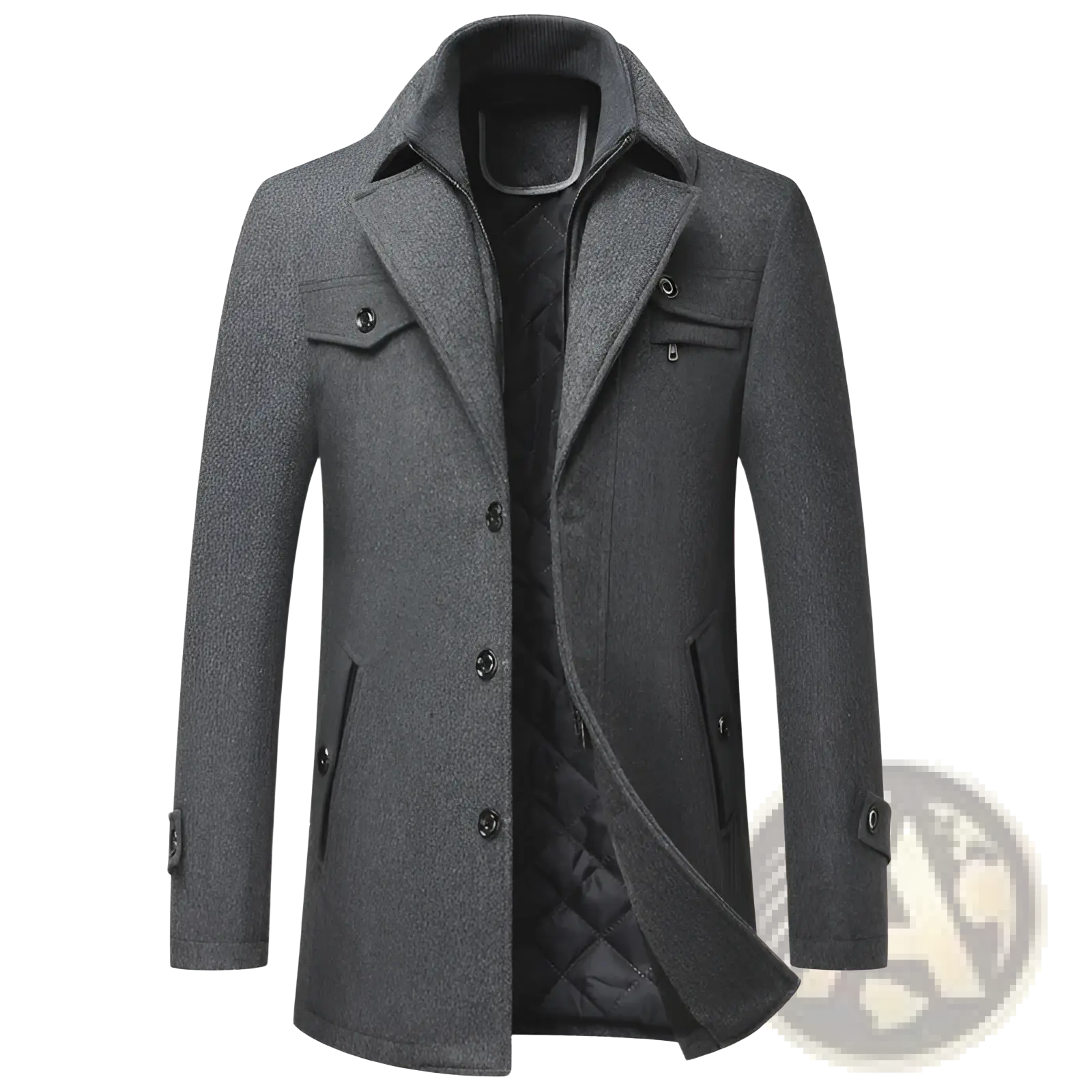 A dark gray wool men winter overcoat with a notched collar, front buttons, and two chest pockets quilted jacket