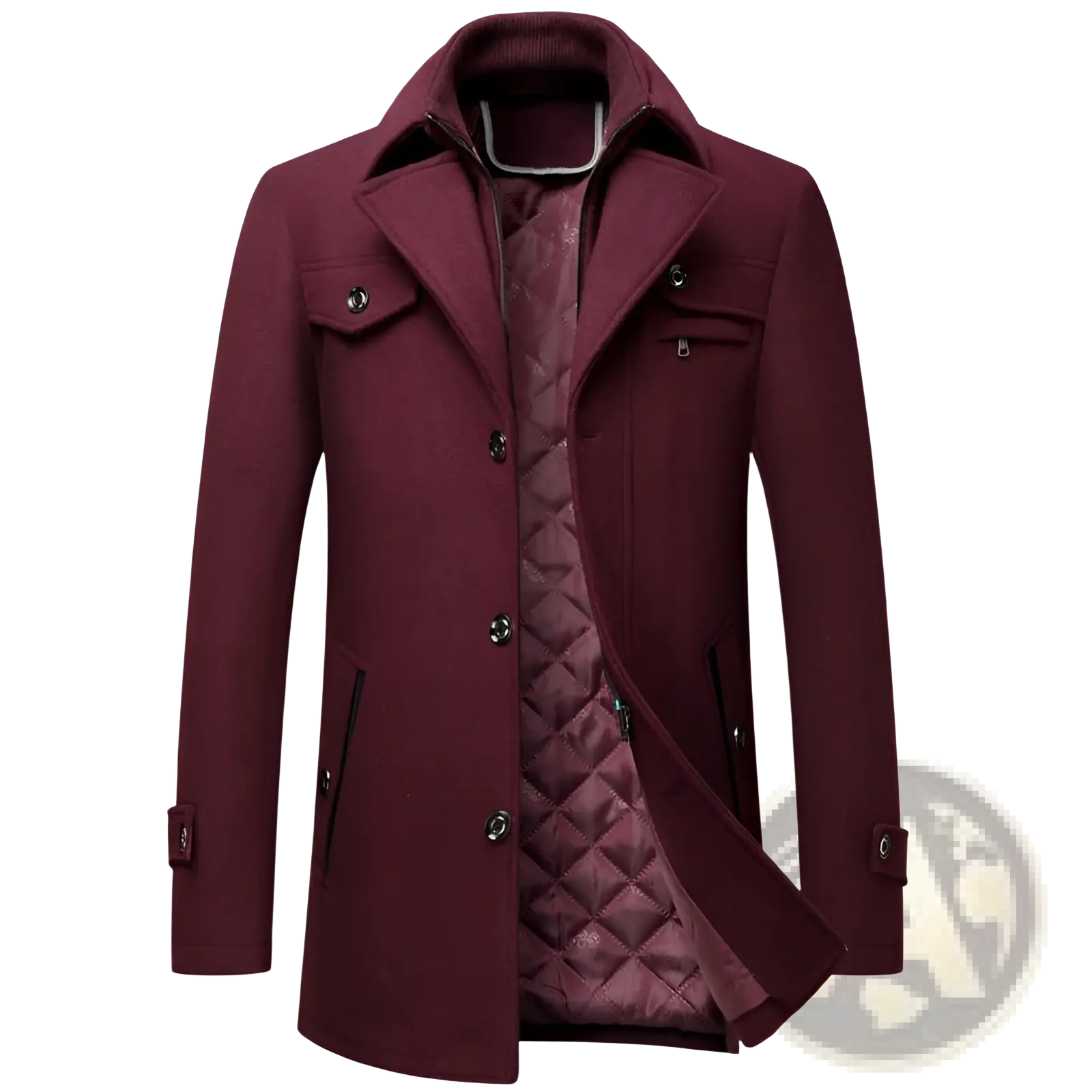 Maroon men wool winter overcoat with quilted lining and button closures designed for cold weather use