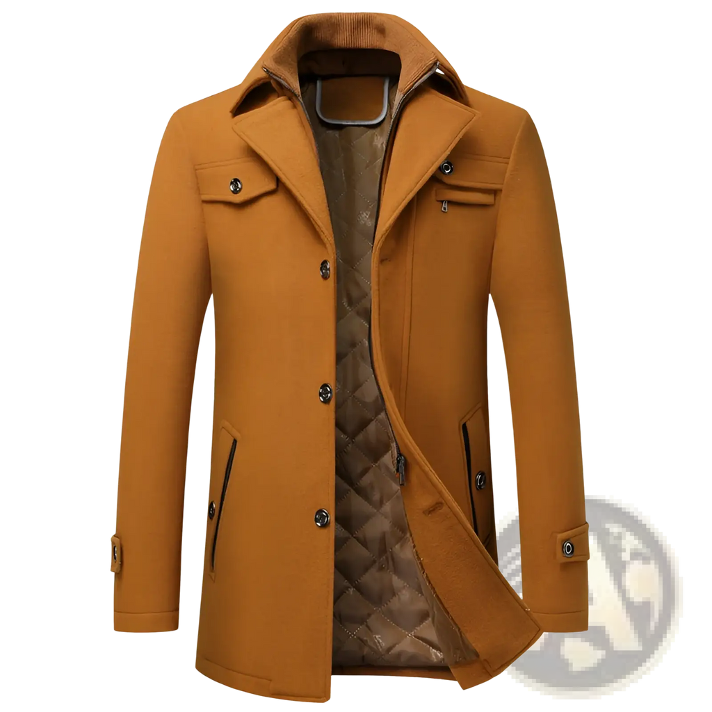 Men wool winter overcoat in warm mustard yellow with quilted brown interior and black buttons for cold weather