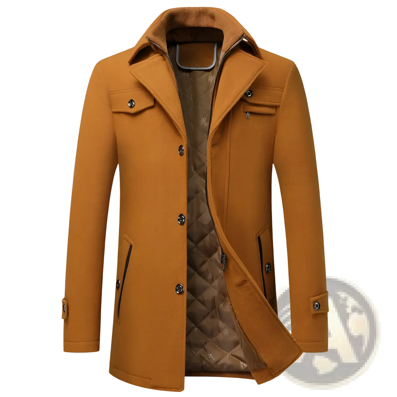 A men wool winter overcoat in warm mustard yellow with a quilted brown interior and black buttons