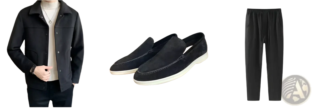 Black suede loafers with white rubber soles and classic slip on design paired with men woolen coat button closure casual jacket