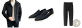 Black suede loafers with white rubber soles and classic slip on design paired with men woolen coat button closure casual jacket