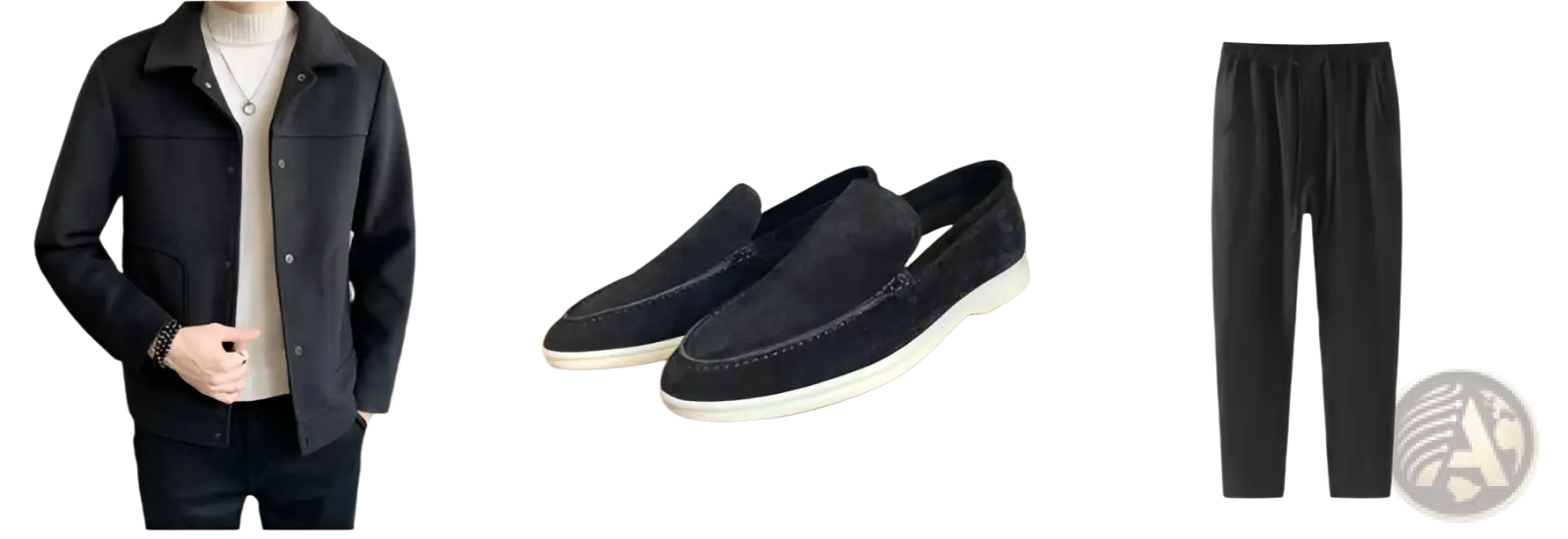 Black suede loafers with white rubber soles and classic slip on design paired with men woolen coat button closure casual jacket