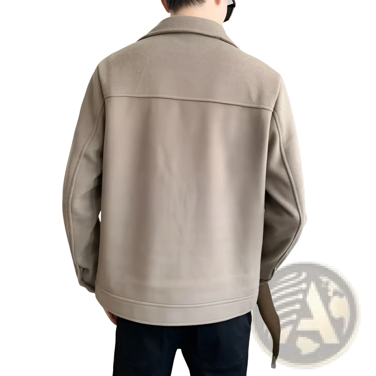 Beige men woolen coat with button closure and classic collar featuring a clean minimalist casual jacket design