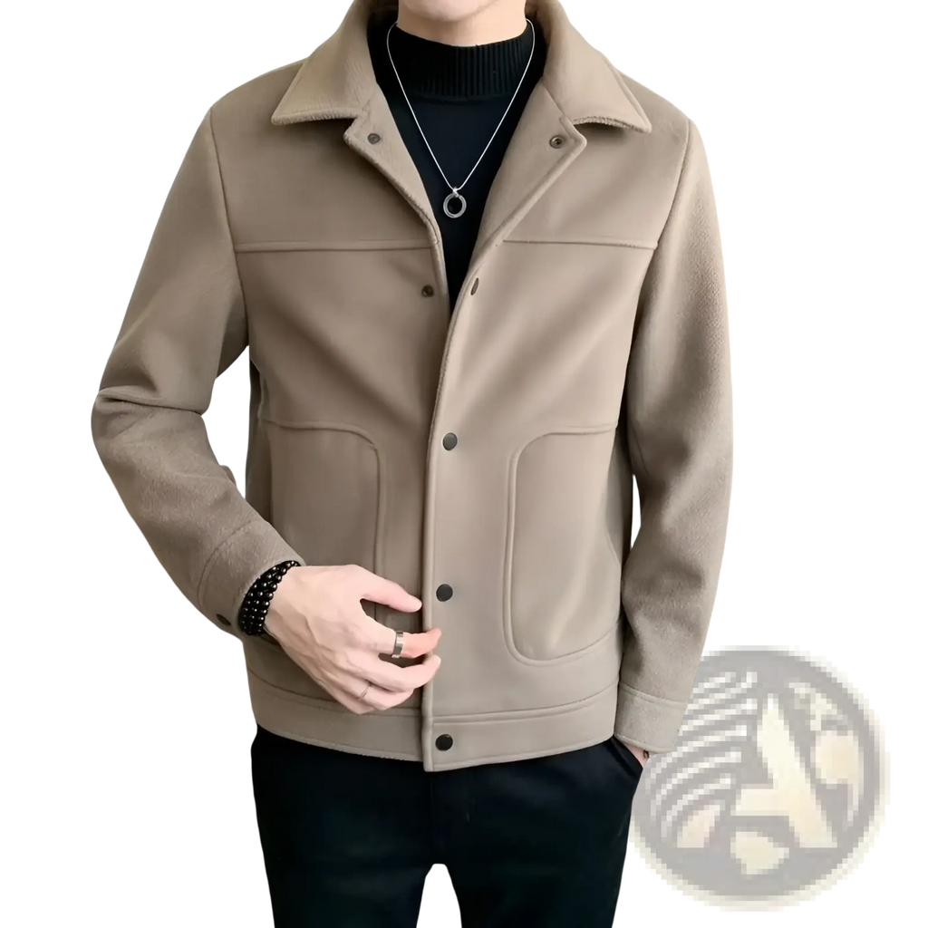 Beige woolen men coat with collar and front button closure casual jacket for everyday wear