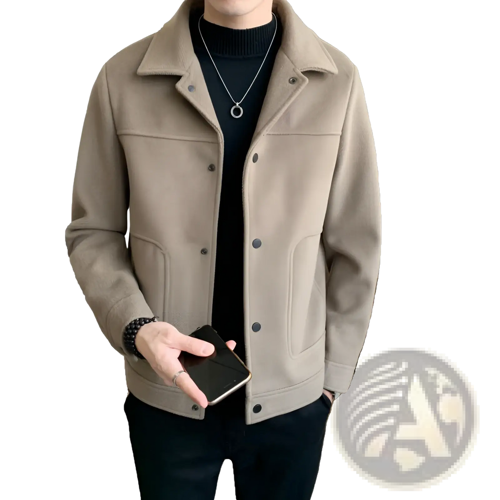 Beige wool-blend men woolen coat with classic collar and front button closure for casual wear