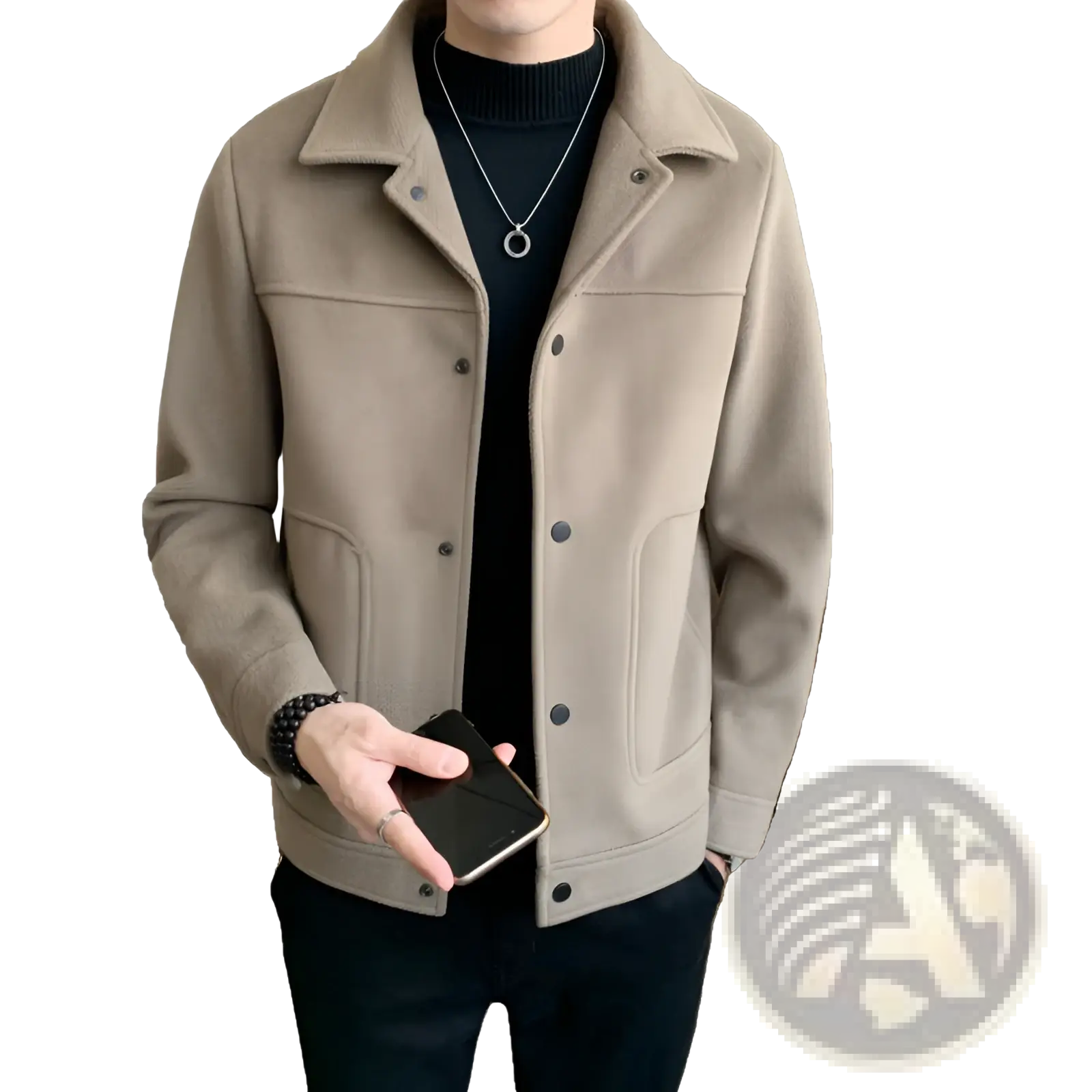 Beige wool-blend men woolen coat with classic collar and front button closure for casual wear