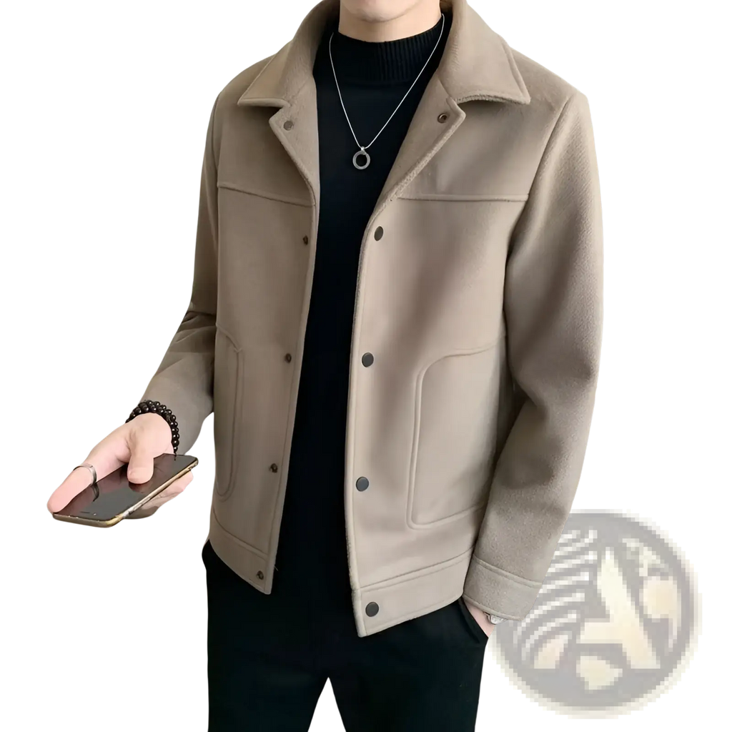 Beige woolen men’s jacket with classic collar and button closures casual coat for everyday wear