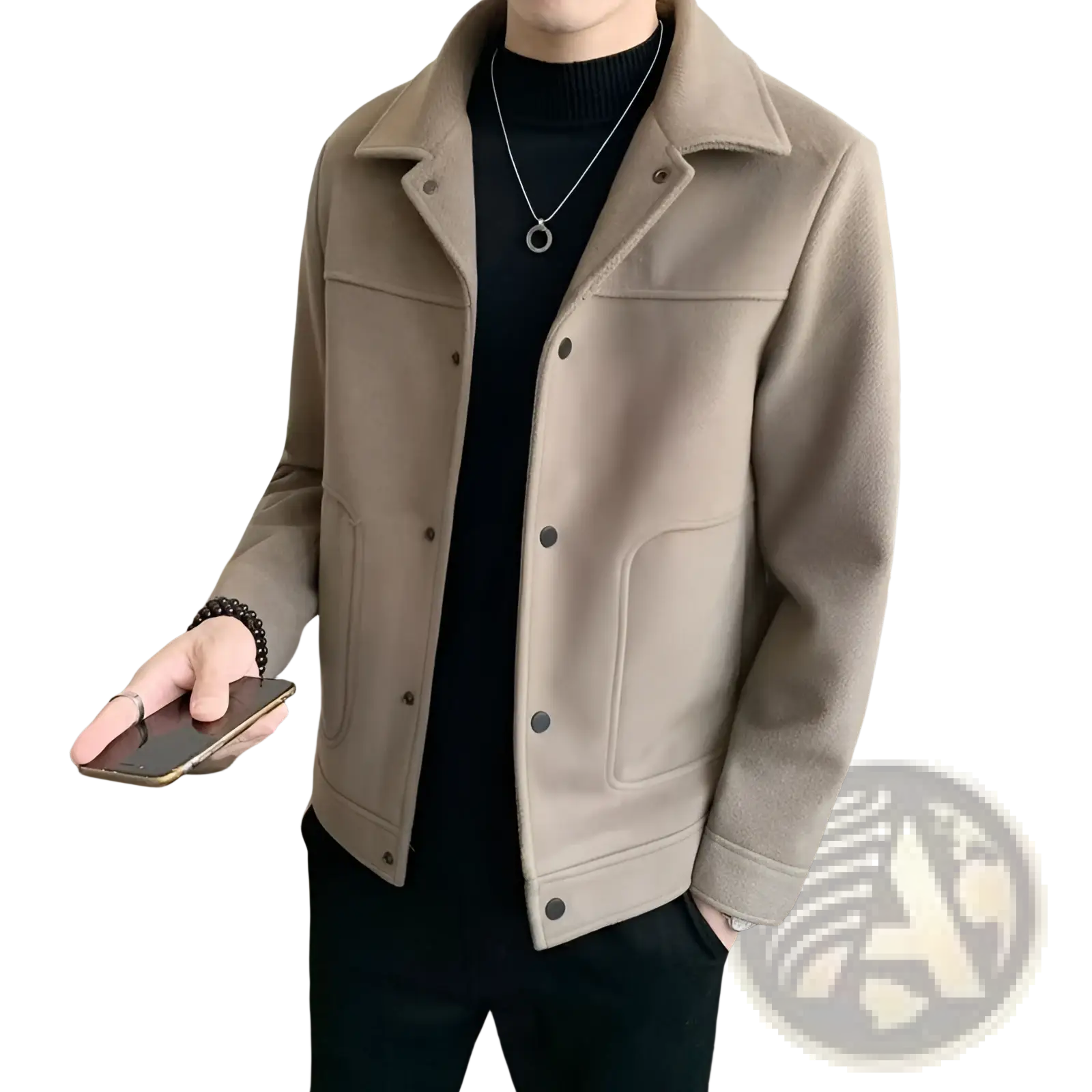 Beige woolen men’s jacket with classic collar and button closures casual coat for everyday wear
