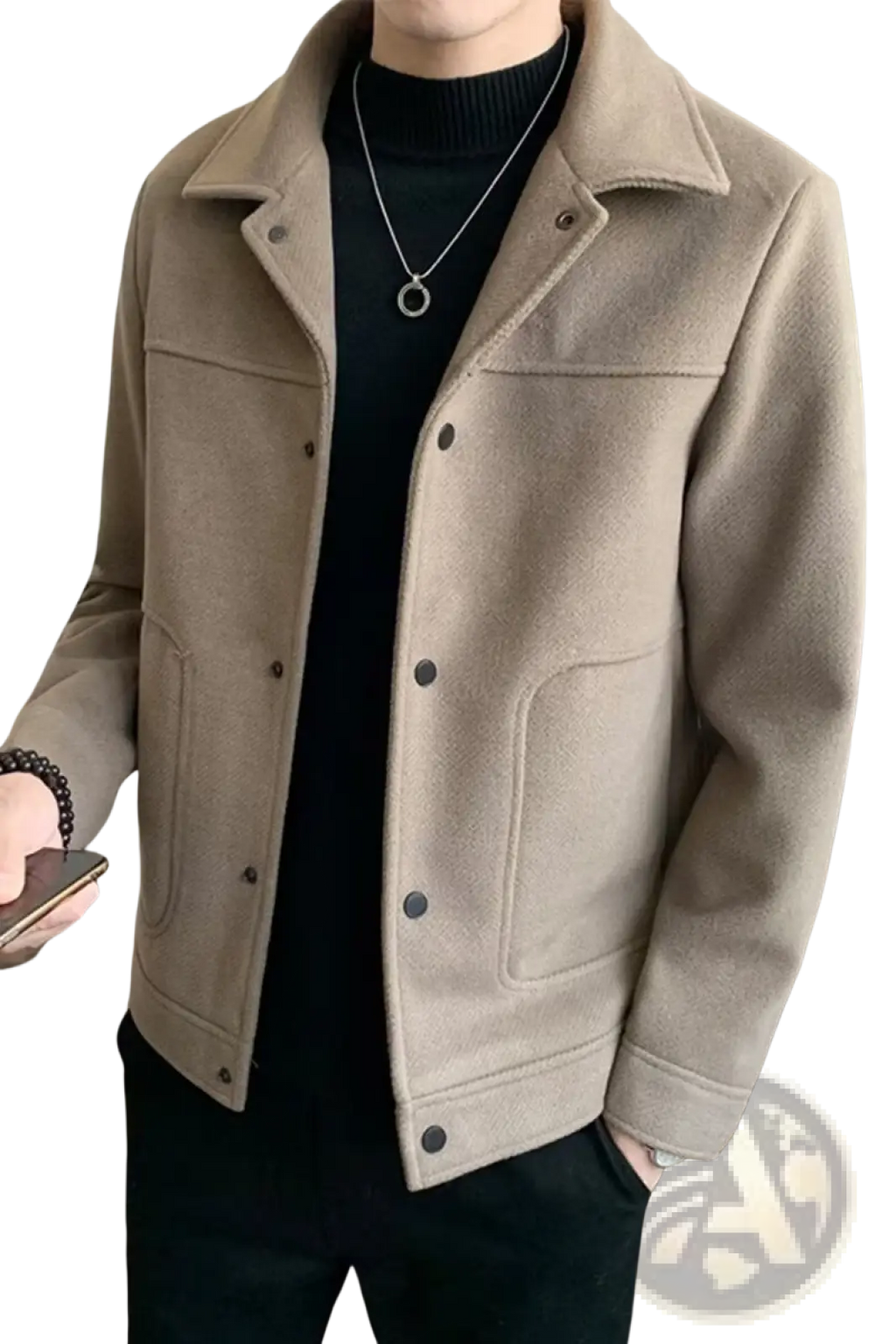 Beige woolen men coat with button closure and classic collar ideal for casual wear