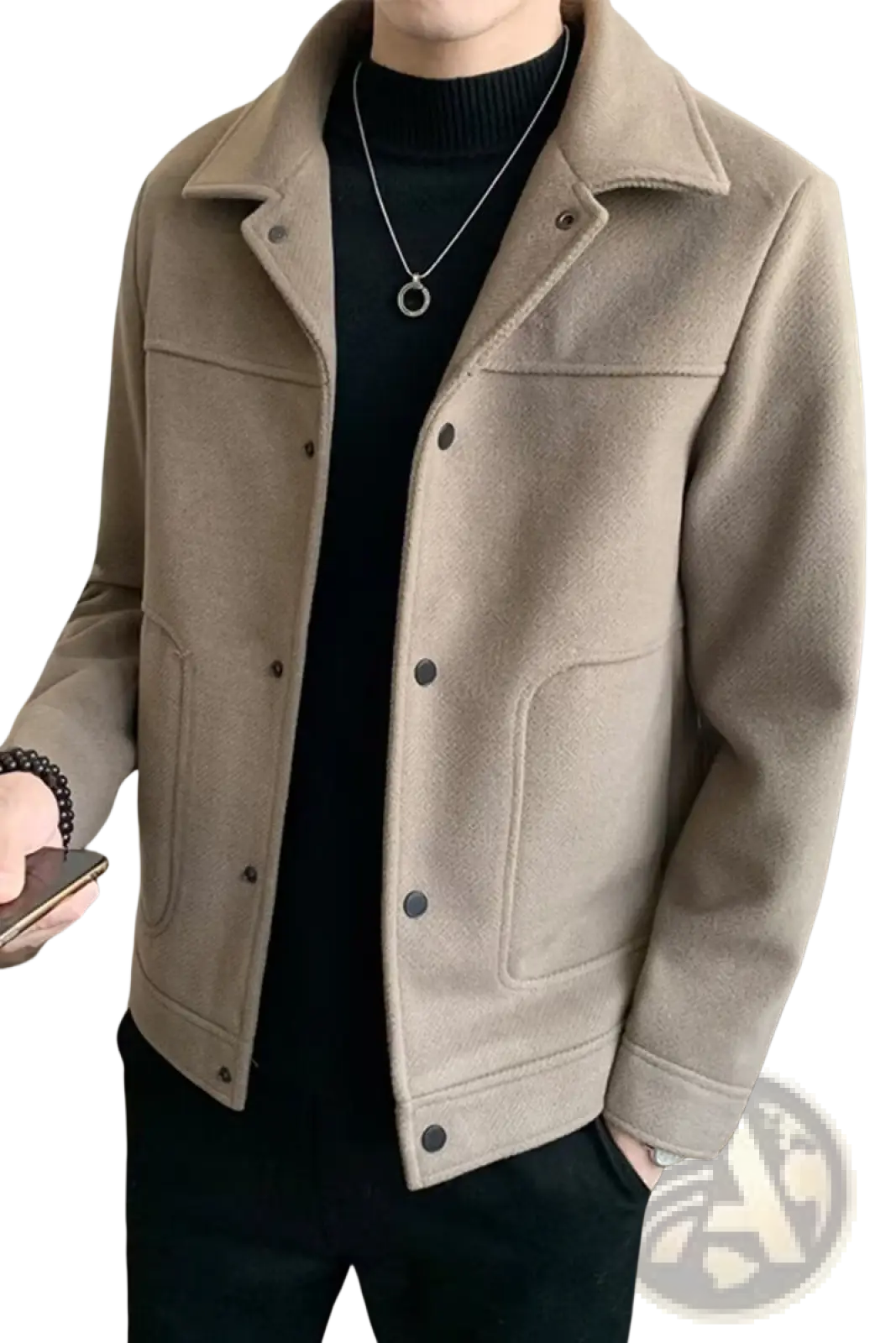 Beige woolen men coat with button closure and classic collar ideal for casual wear