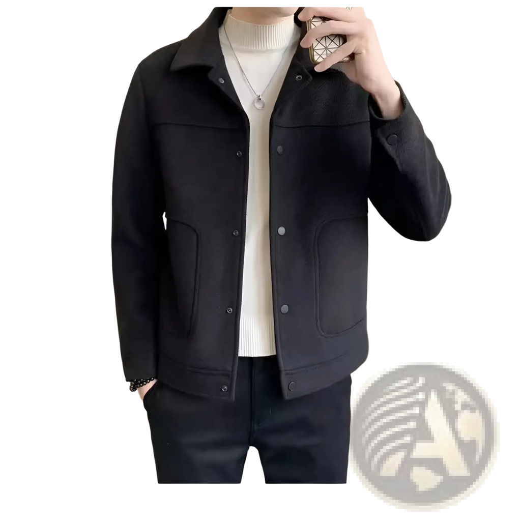 Black wool-blend men woolen coat with classic collar and front button closure for casual wear