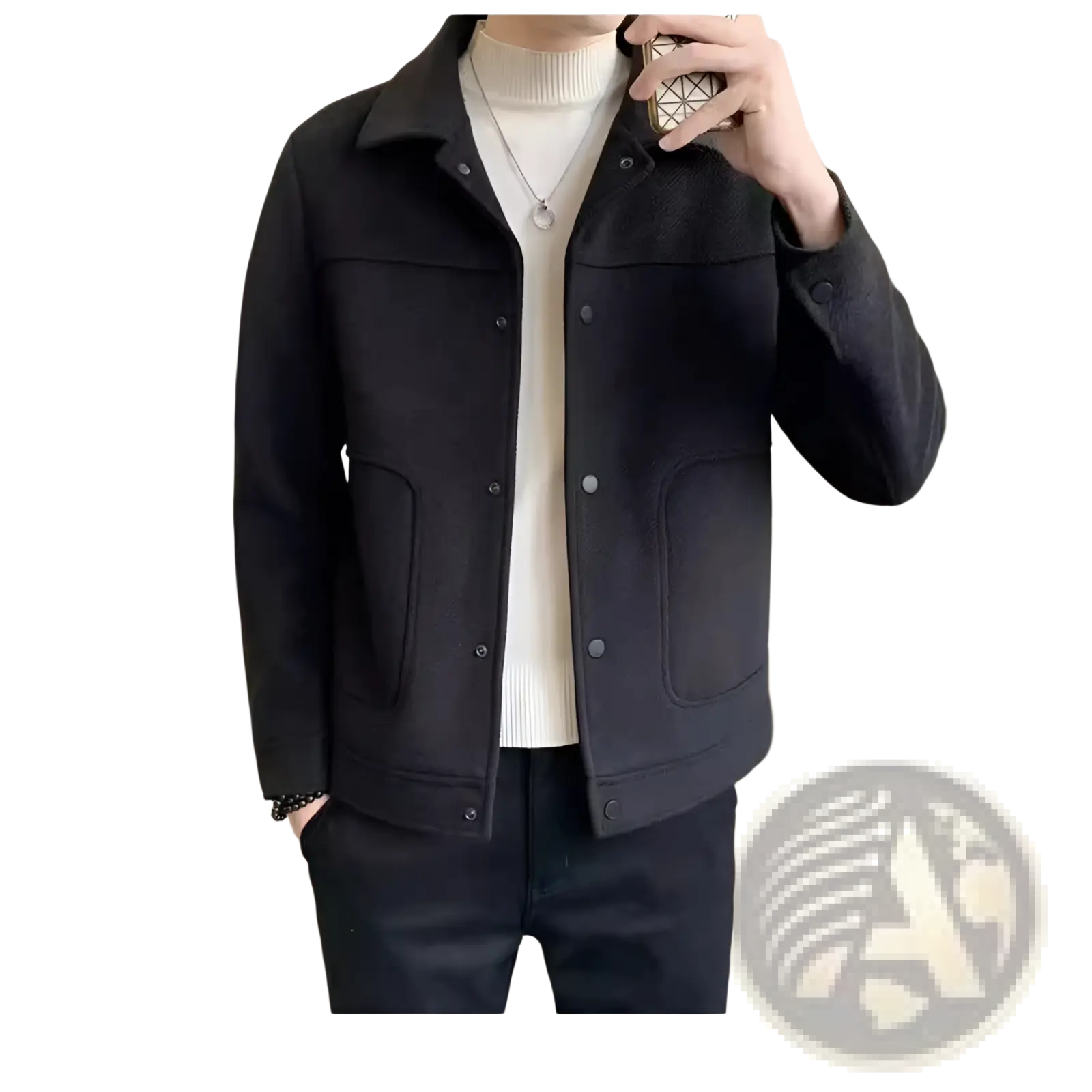 Black wool-blend men woolen coat with classic collar and front button closure for casual wear