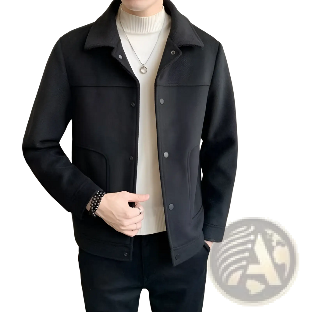Men woolen coat black woolen collar jacket with button closures and flap pockets for casual wear