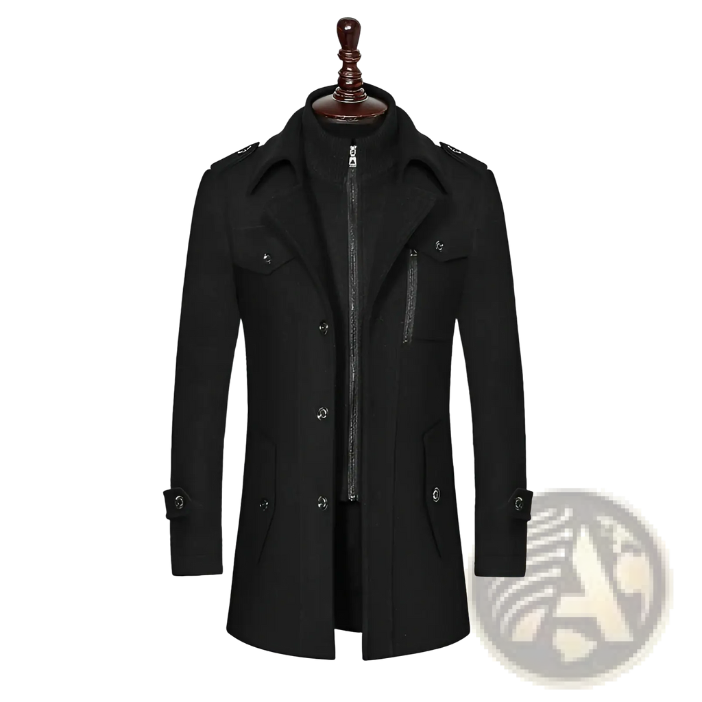 Men woolen coat zipper trench jacket in black with high collar silver-toned zipper and button details