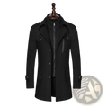 Men woolen coat zipper trench jacket in black with high collar silver-toned zipper and button details