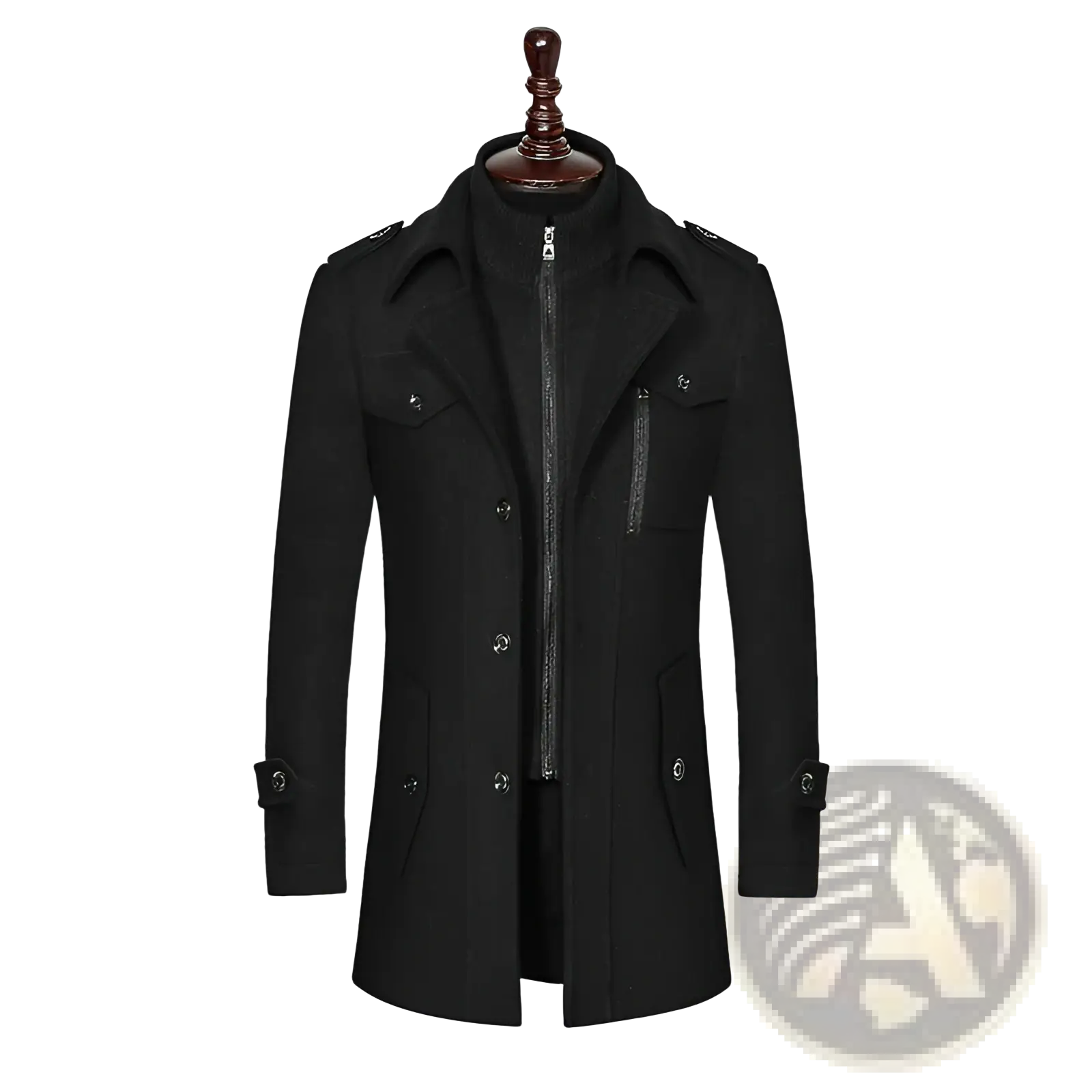 Men woolen coat zipper trench jacket in black with high collar silver-toned zipper and button details