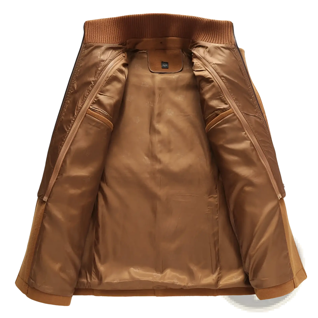 Men woolen coat zipper trench jacket in brown bomber style with ribbed collar and zipper lined interior pockets