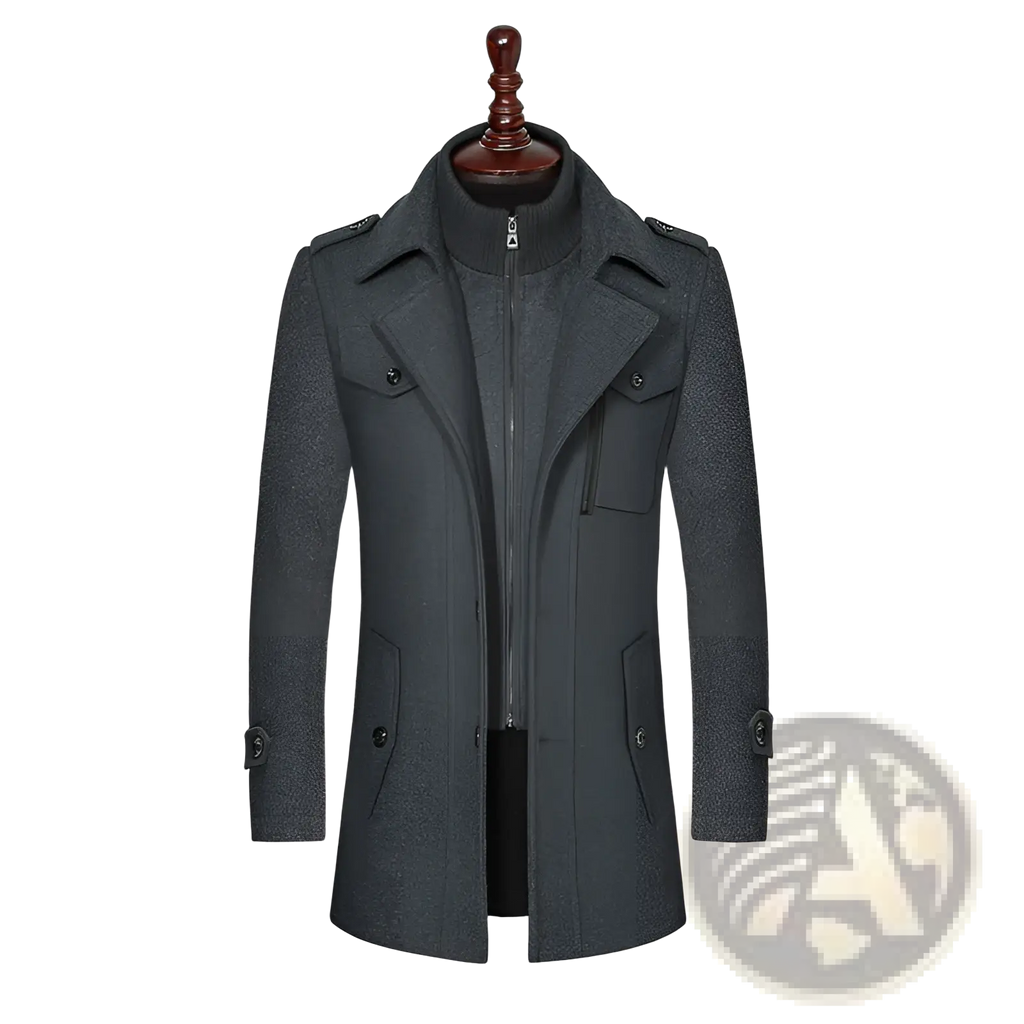 Men woolen coat zipper trench jacket in dark gray with high collar flap pockets and buttoned cuffs made of wool