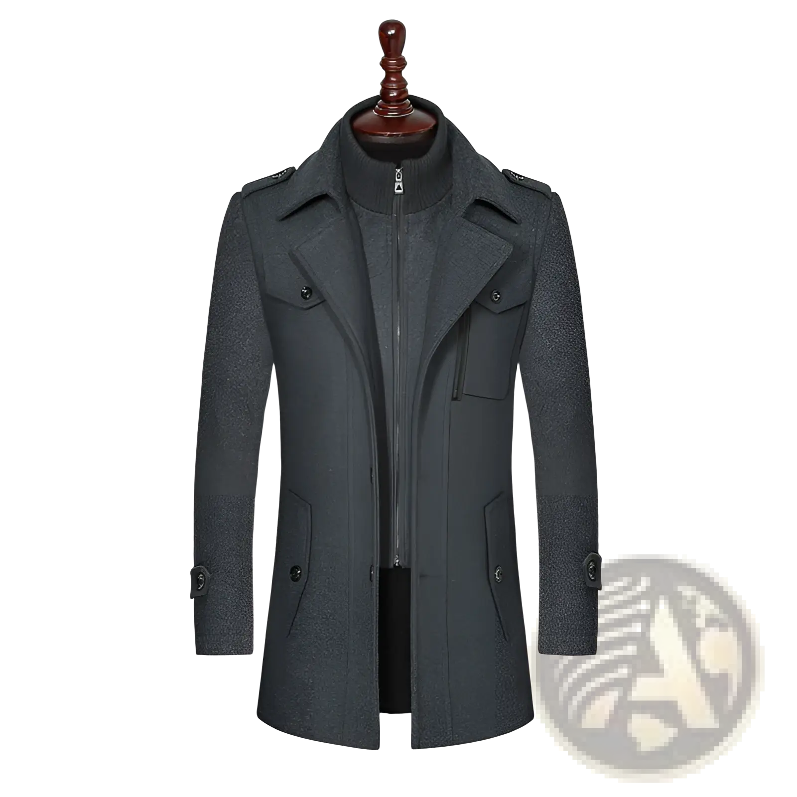 Men woolen coat zipper trench jacket in dark gray with high collar flap pockets and buttoned cuffs made of wool