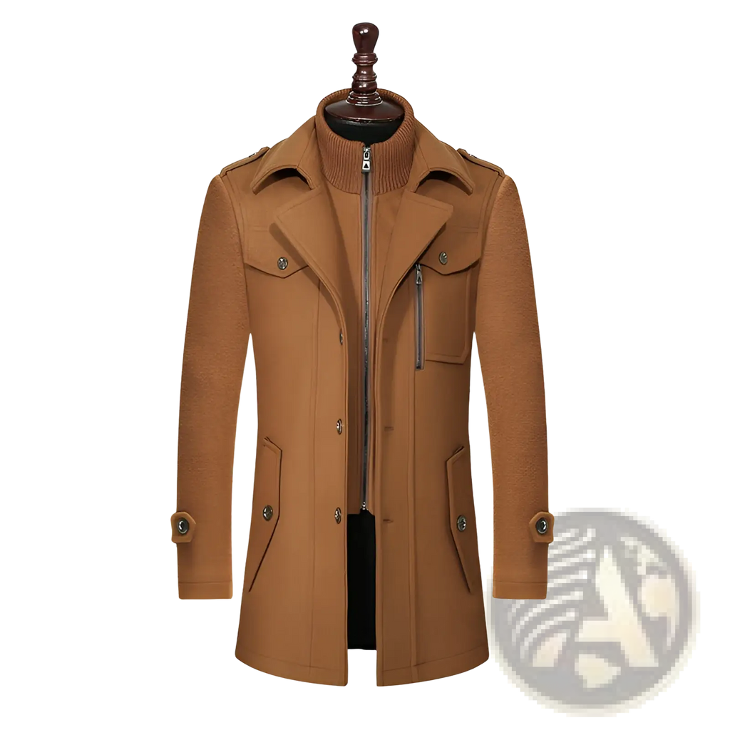 Men woolen coat zipper trench jacket in tan with high collar front zipper closure and flap pockets