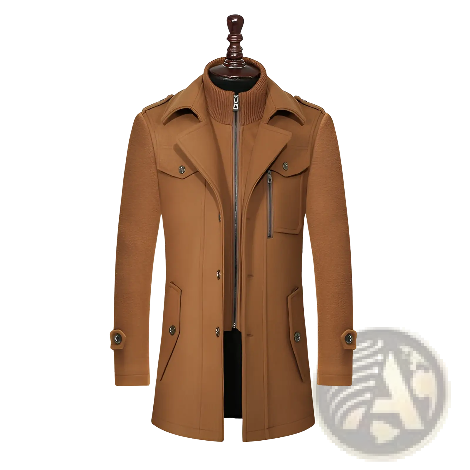 Men woolen coat zipper trench jacket in tan with high collar front zipper closure and flap pockets