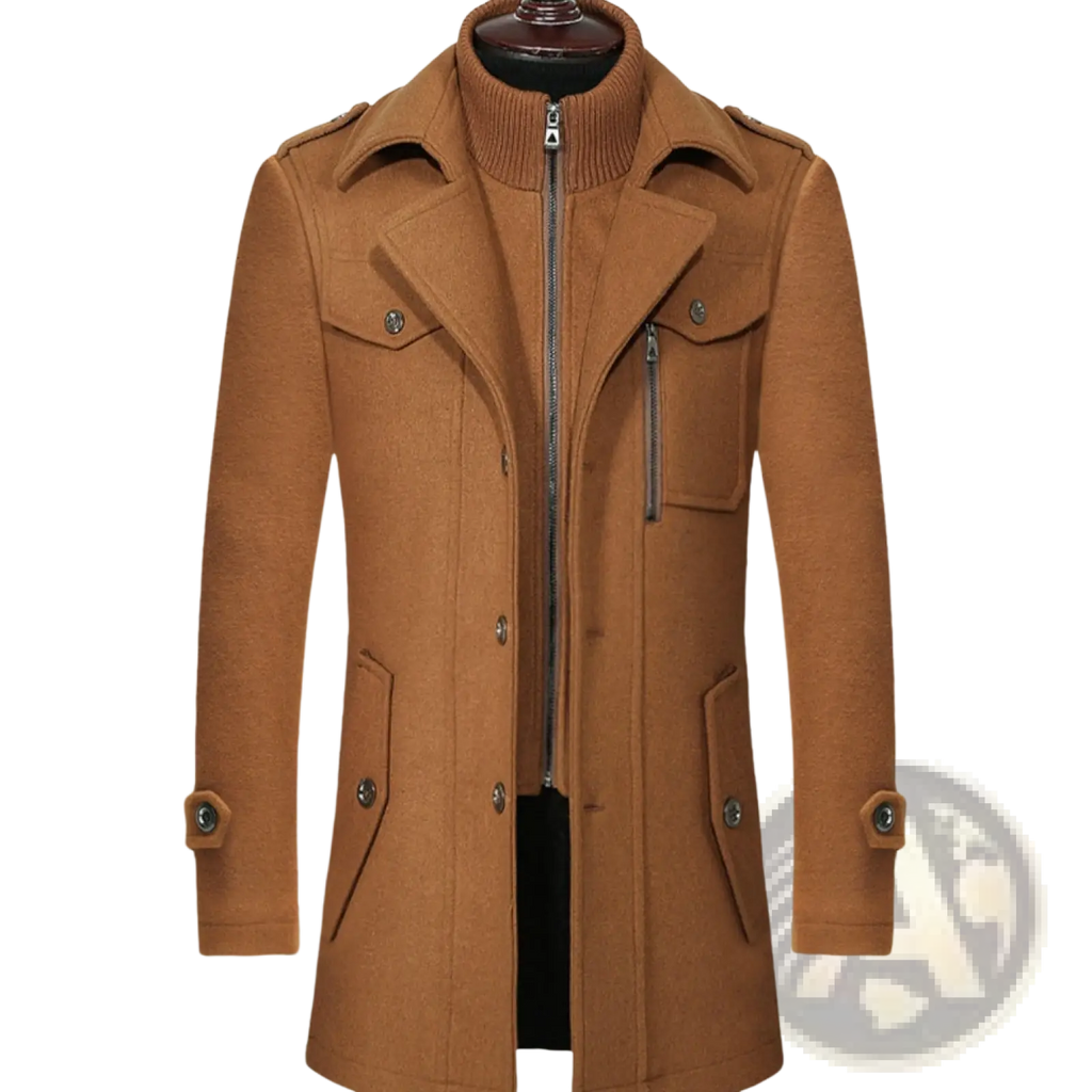 Men woolen coat zipper trench jacket in tan with high collar, front zipper closure, and buttoned flap pockets