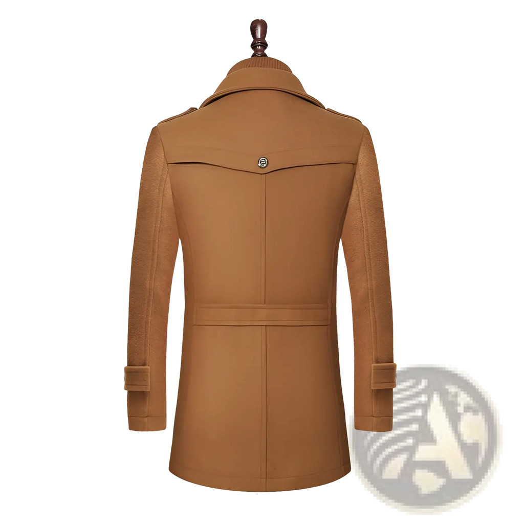 Men woolen coat zipper trench jacket in tan with notched collar belt detail and buttoned cuffs