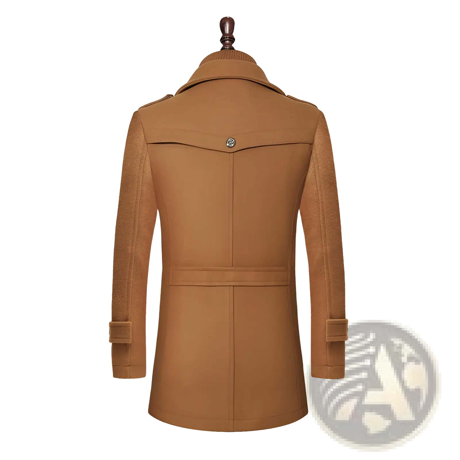 Men woolen coat zipper trench jacket in tan with notched collar belt detail and buttoned cuffs