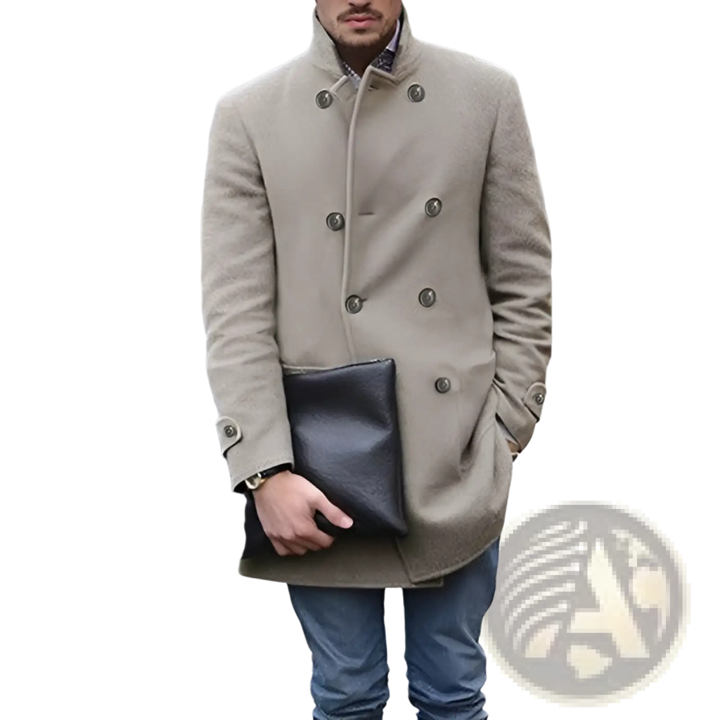 Black leather clutch purse paired with men woolen double breasted mid length coat for stylish occasions