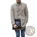 Black leather clutch purse paired with men woolen double breasted mid length coat for stylish occasions