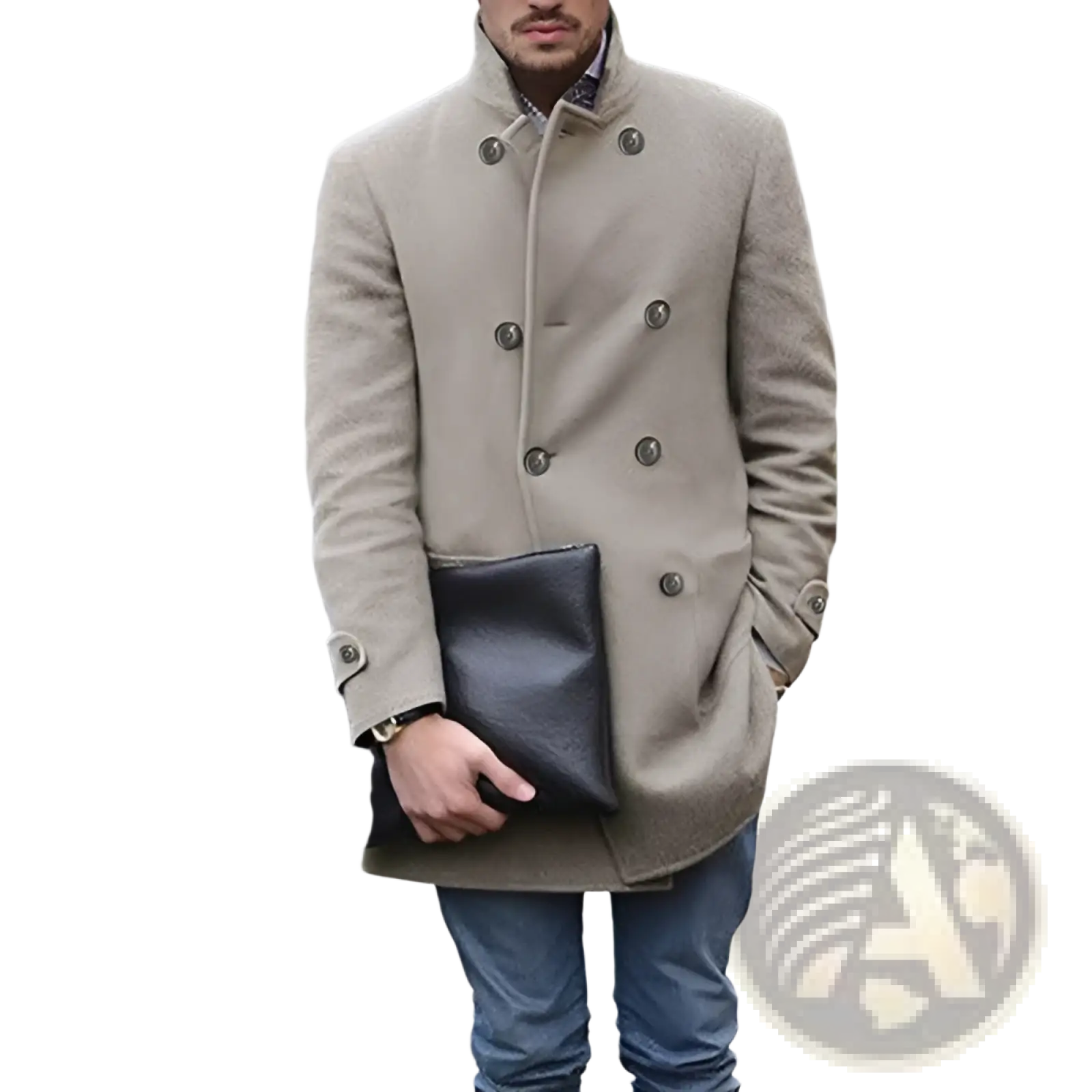 Black leather clutch purse shown with a men woolen double breasted mid length coat product display