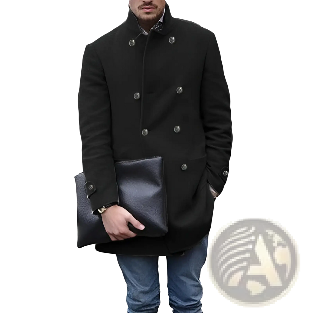 Black men woolen double breasted mid length coat with silver buttons and a notched collar in wool material