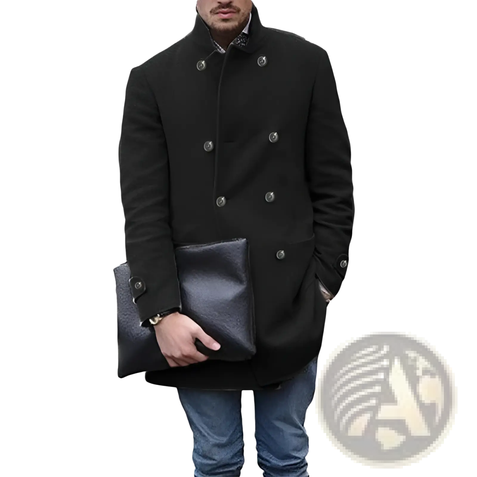 Black men woolen double breasted mid length coat with silver buttons and a notched collar in wool material