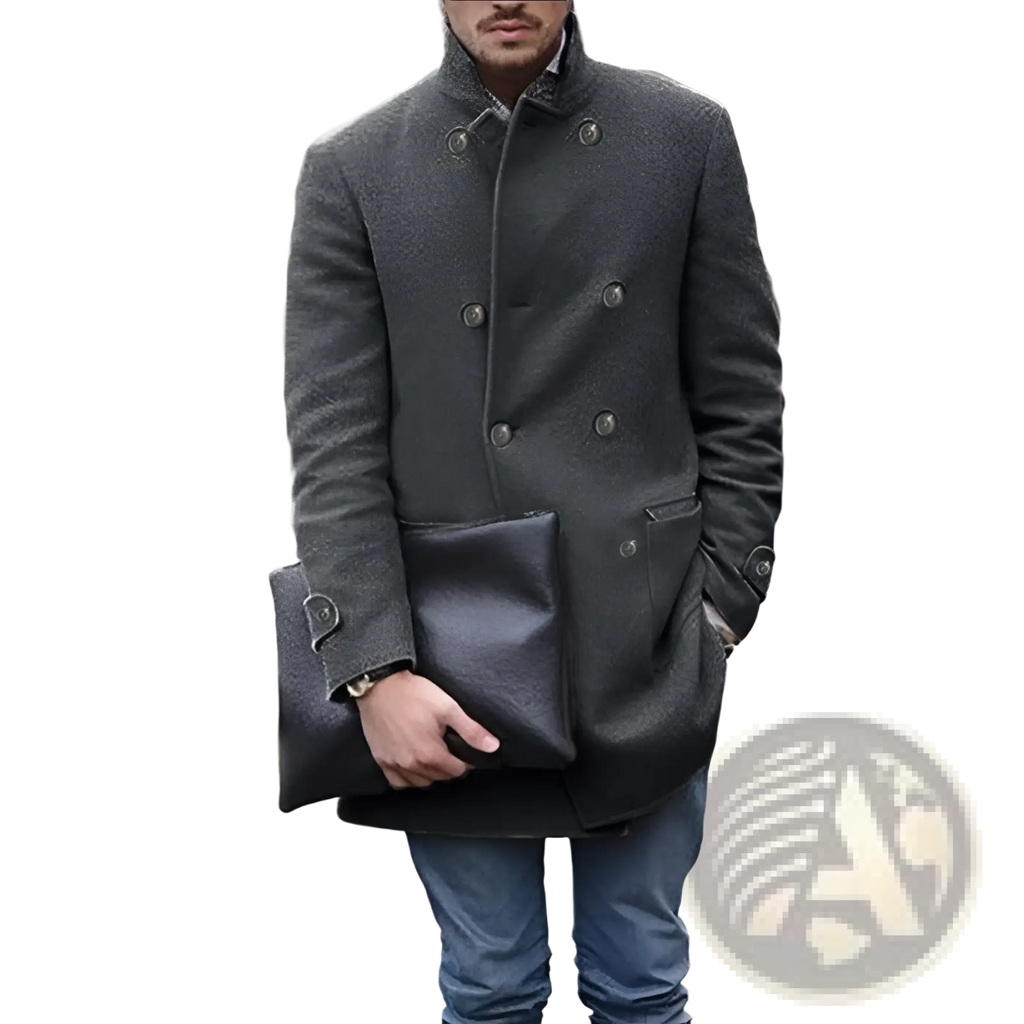 Men woolen double breasted mid length coat in dark gray with black leather flap pockets and silver toned buttons