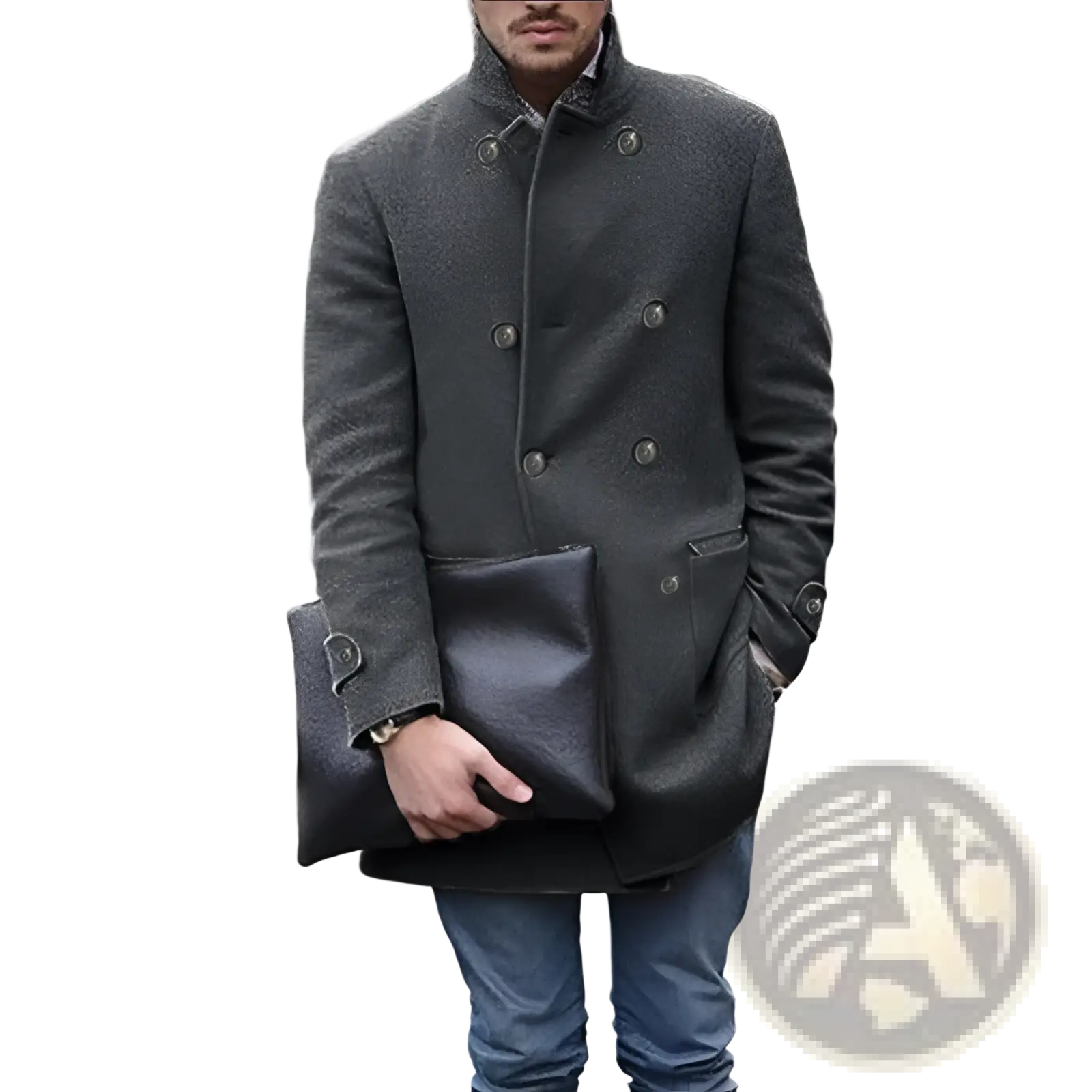 Men woolen double breasted mid length coat in dark gray with black leather flap pockets and silver toned buttons