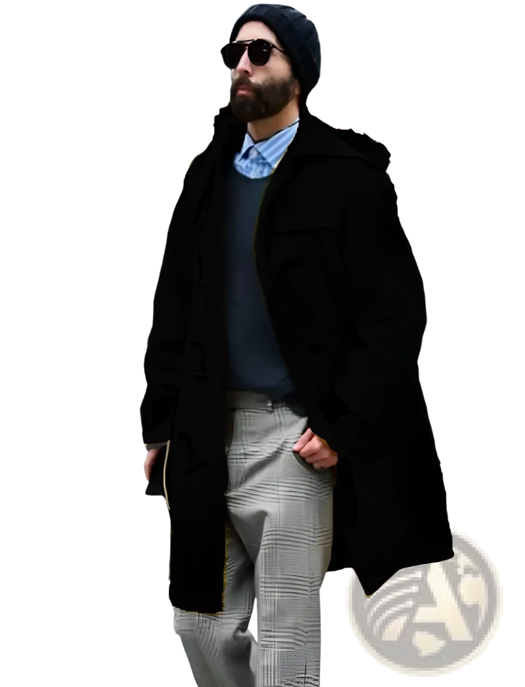 Men woolen duffle coat hooded trench jacket in black made of wool with a hood visible from the back side