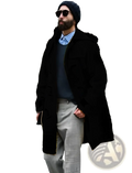 Men woolen duffle coat hooded trench jacket in black made of wool with a hood visible from the back side