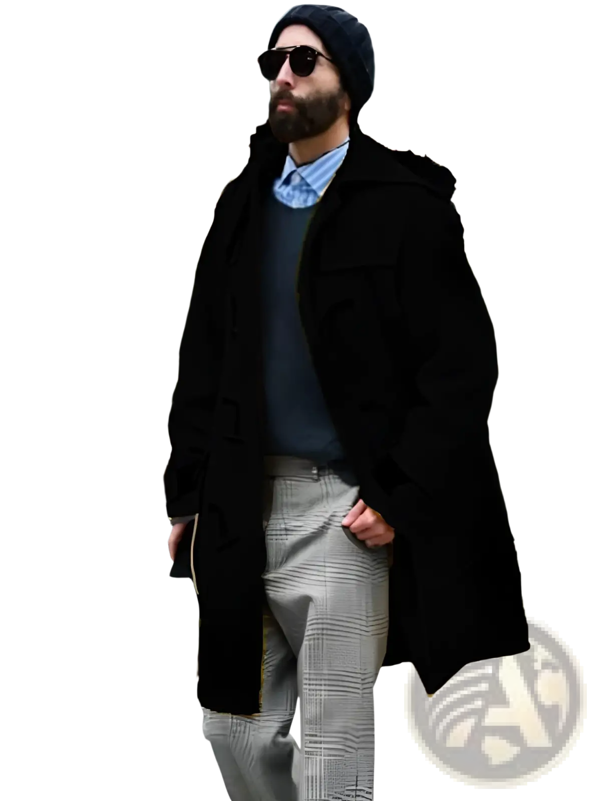 Men woolen duffle coat hooded trench jacket in black made of wool with a hood visible from the back side
