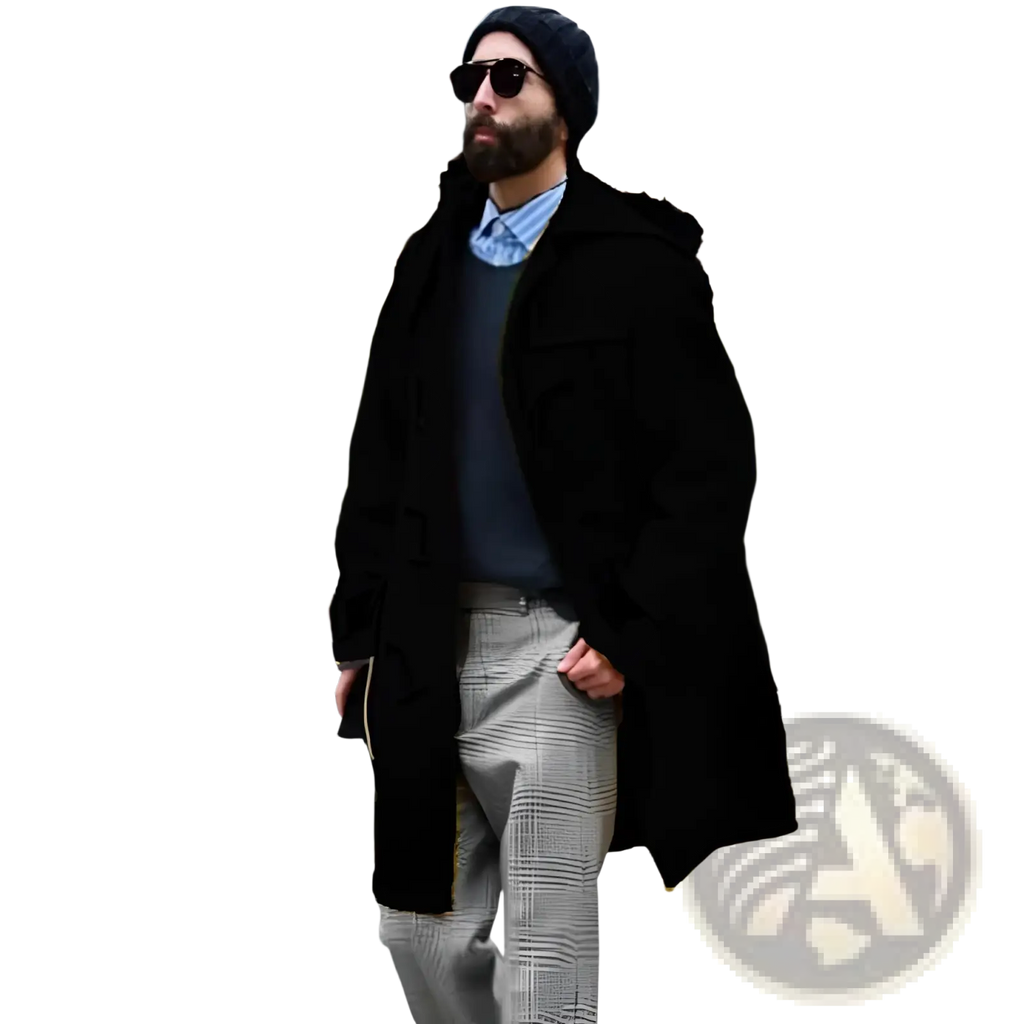 Men woolen duffle coat in black with a hood and fur-lined collar made of woolen material for winter wear