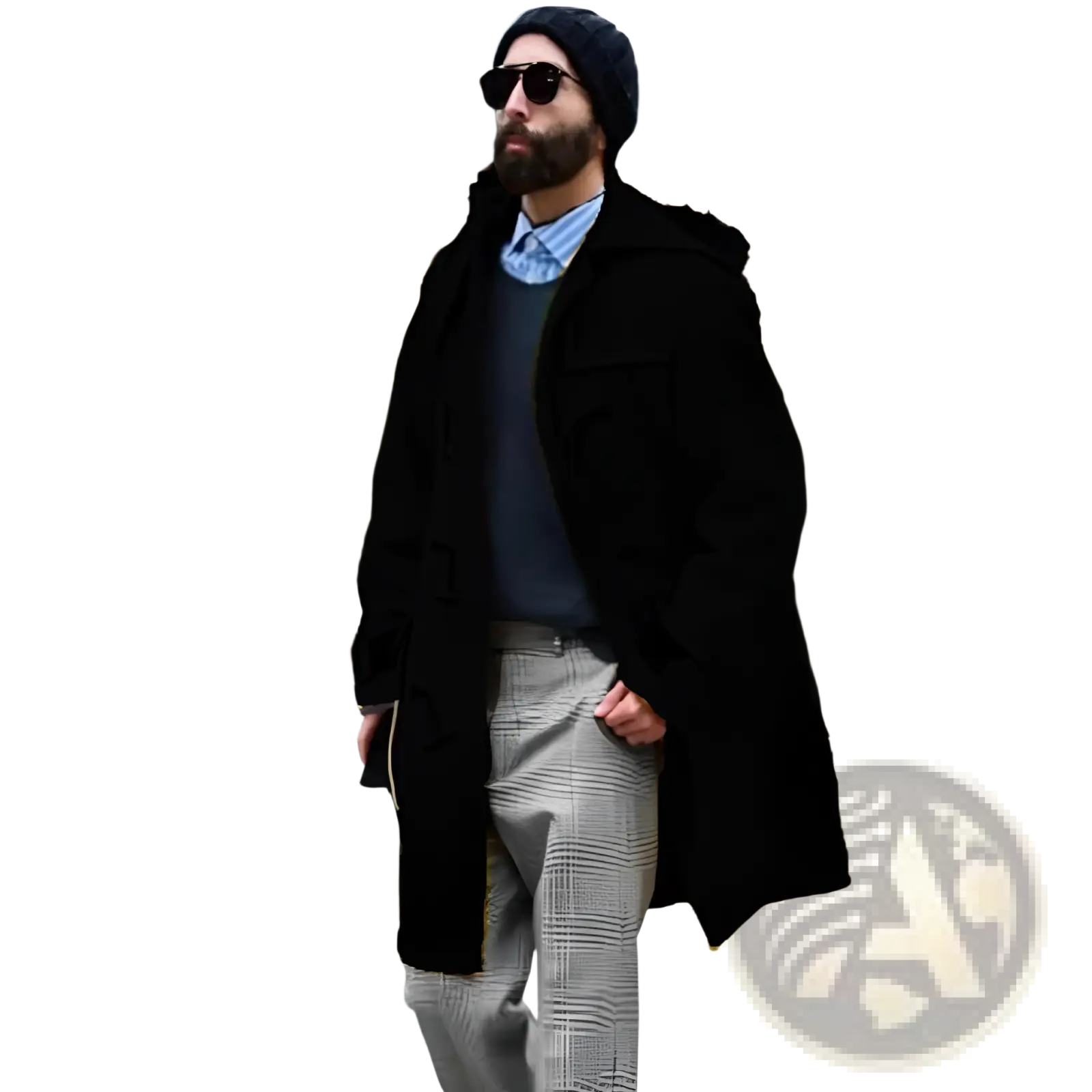 Men woolen duffle coat in black with a hood and fur-lined collar made of woolen material for winter wear