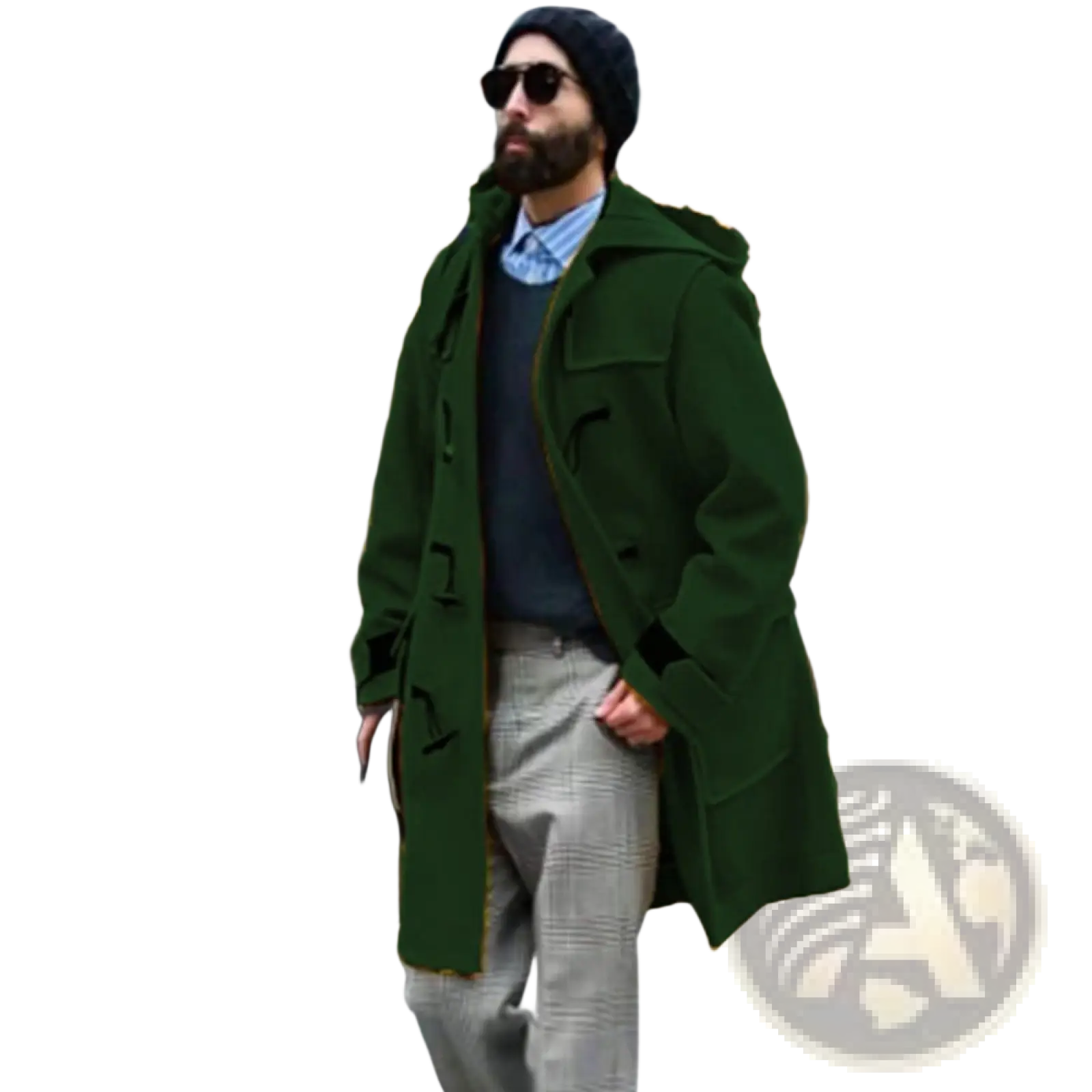 Dark green men woolen duffle coat with hood and toggle closures suitable as a hooded trench jacket