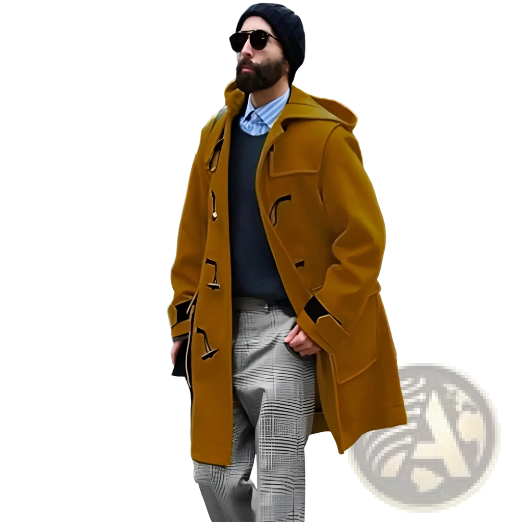 Men woolen duffle coat hooded trench jacket in mustard yellow with black toggle closures and a hood