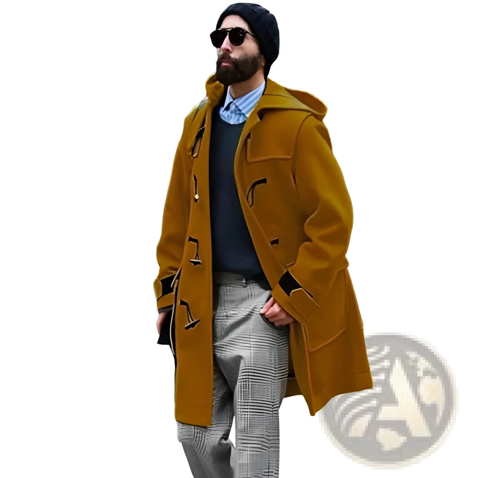 Men woolen duffle coat hooded trench jacket in mustard yellow with black toggle closures and a hood