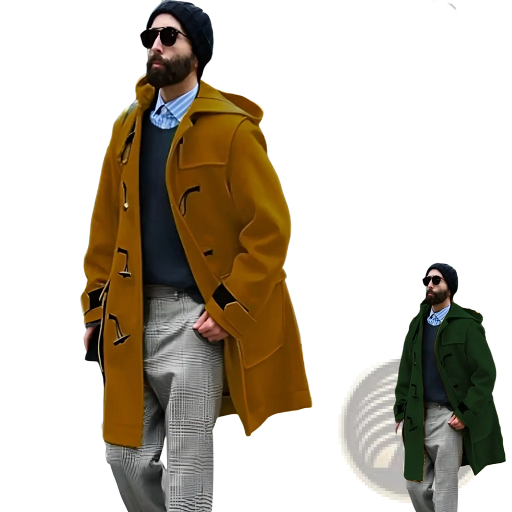 Men woolen duffle coat hooded trench jacket in mustard yellow with toggle closures made of wool